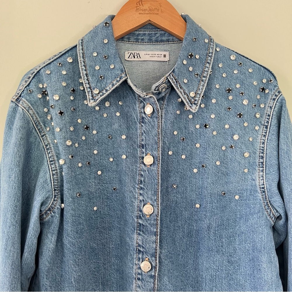 Zara Demin Rhinestone Button Down Shirt Jean Jacket Embellished Long Sleeve - Picture 7 of 10